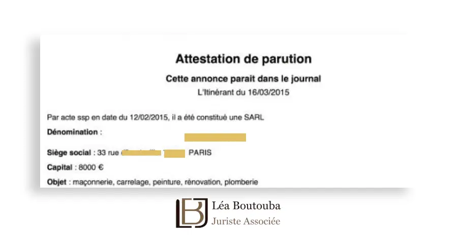 Modèle d'attestation de parution immédiate pour la création d'une société.