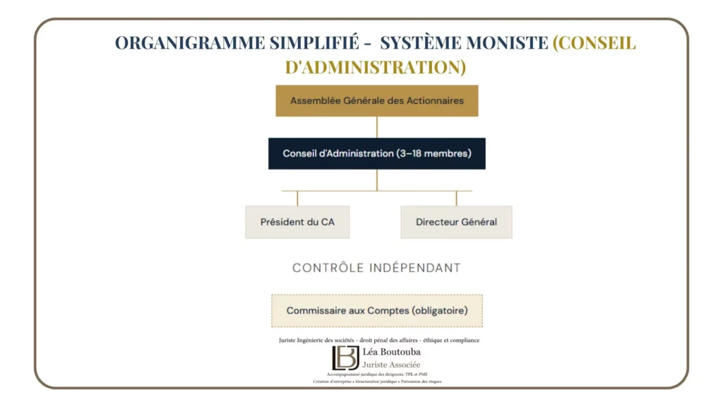 Infographie complète sur l'organigramme de l'entreprise SA par le cabinet LBJ Associée.